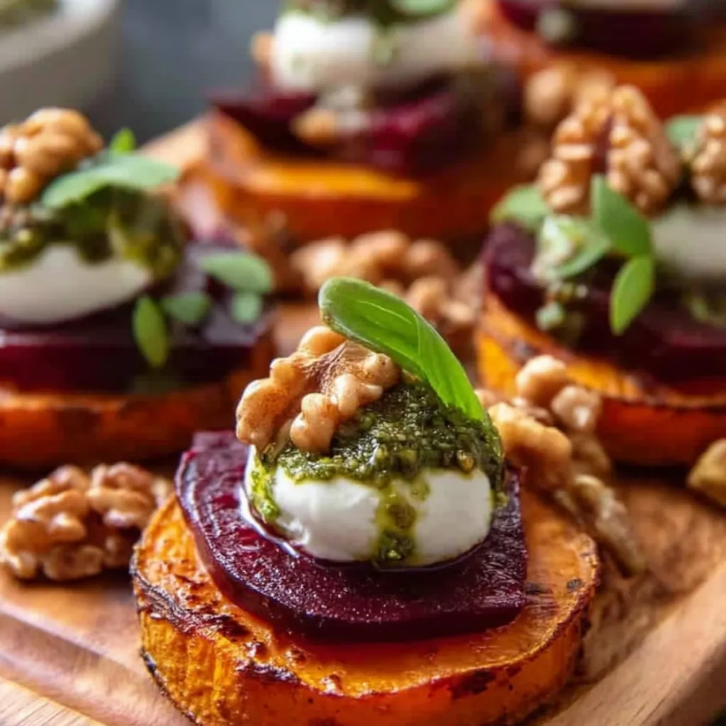 Sweet potato rounds with burrata roasted beets and walnut sage pesto