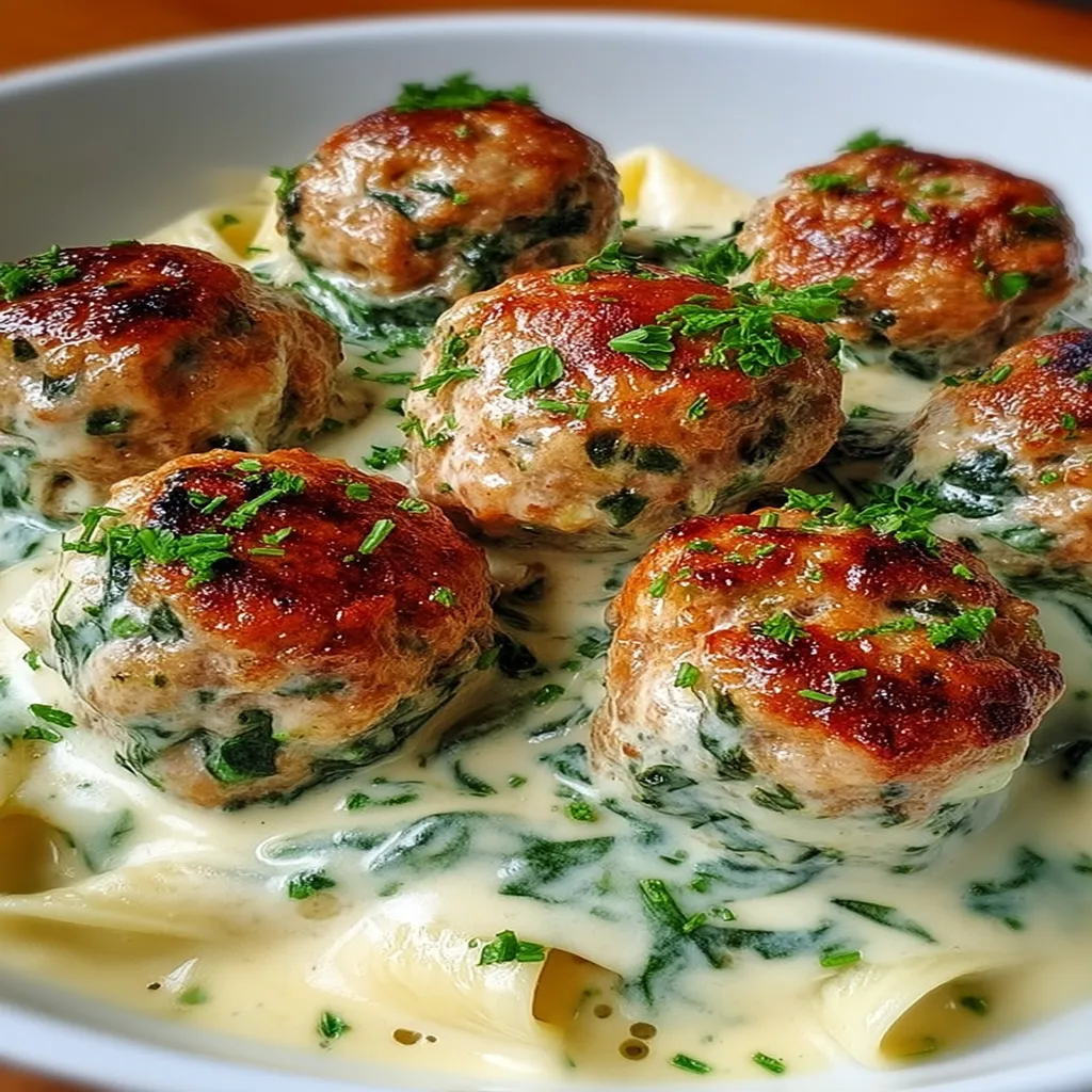 Baked Chicken Ricotta Meatballs with Spinach Alfredo