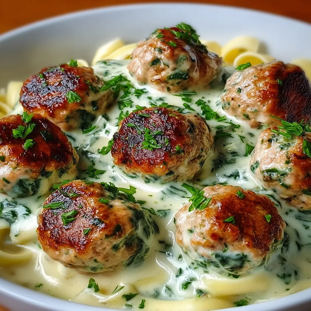 Baked Chicken Ricotta Meatballs with Spinach Alfredo