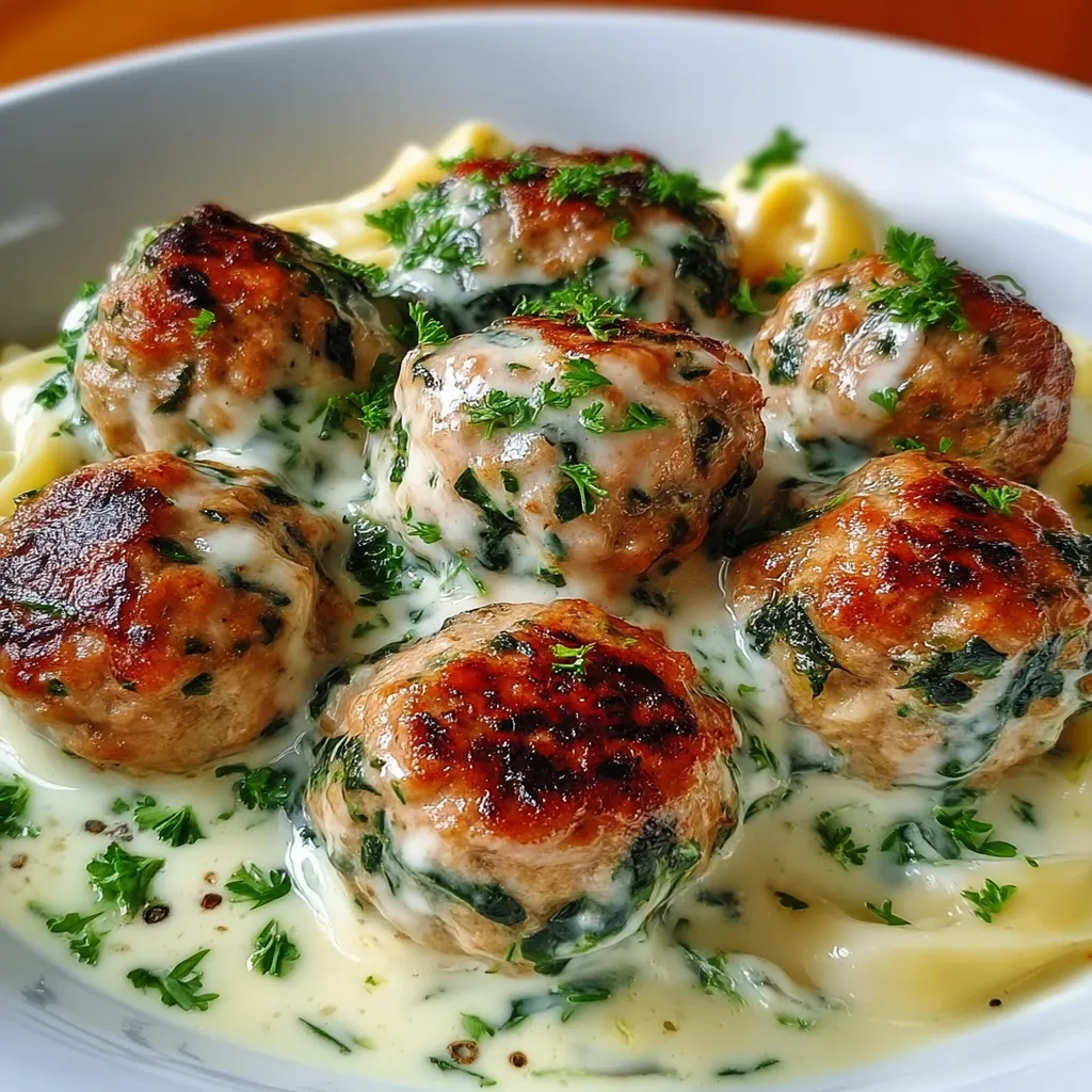 Baked Chicken Ricotta Meatballs with Spinach Alfredo