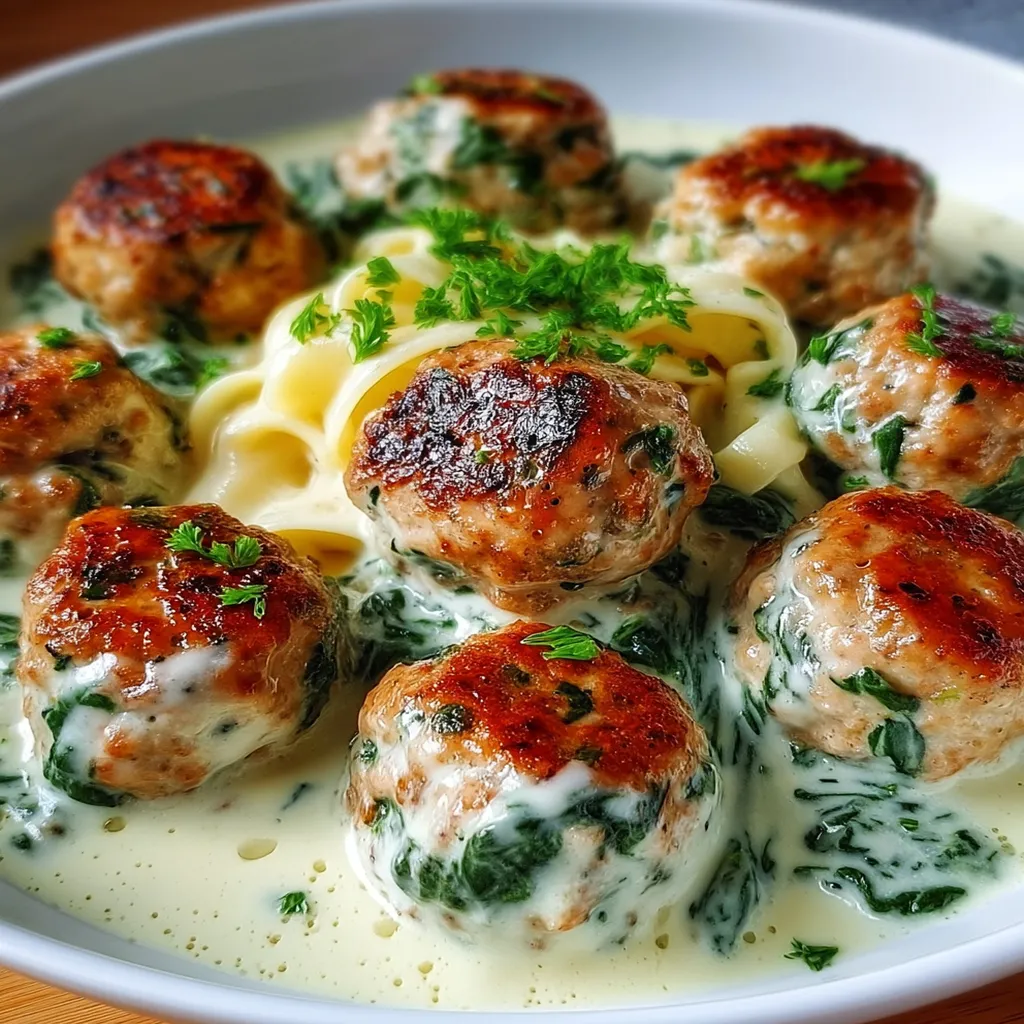 Baked Chicken Ricotta Meatballs with Spinach Alfredo