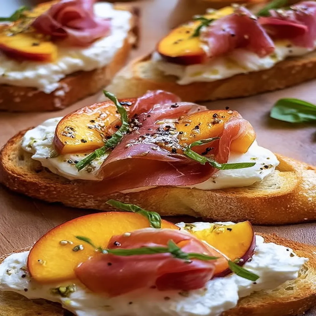 Cheesy Burrata Crostini with Prosciutto and Peaches