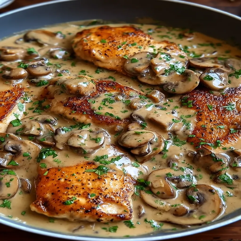 Chicken and Mushroom Skillet in a Creamy Asiago and Mustard Sauce
