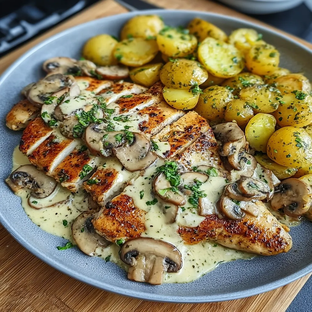 Creamy Garlic Mushroom Alfredo Chicken & Potatoes with Basil Pesto