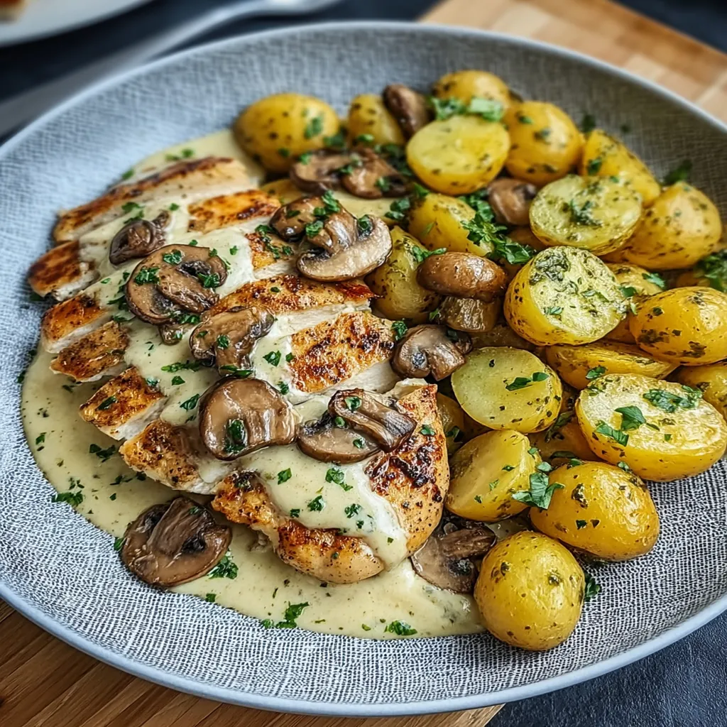 Creamy Garlic Mushroom Alfredo Chicken & Potatoes with Basil Pesto