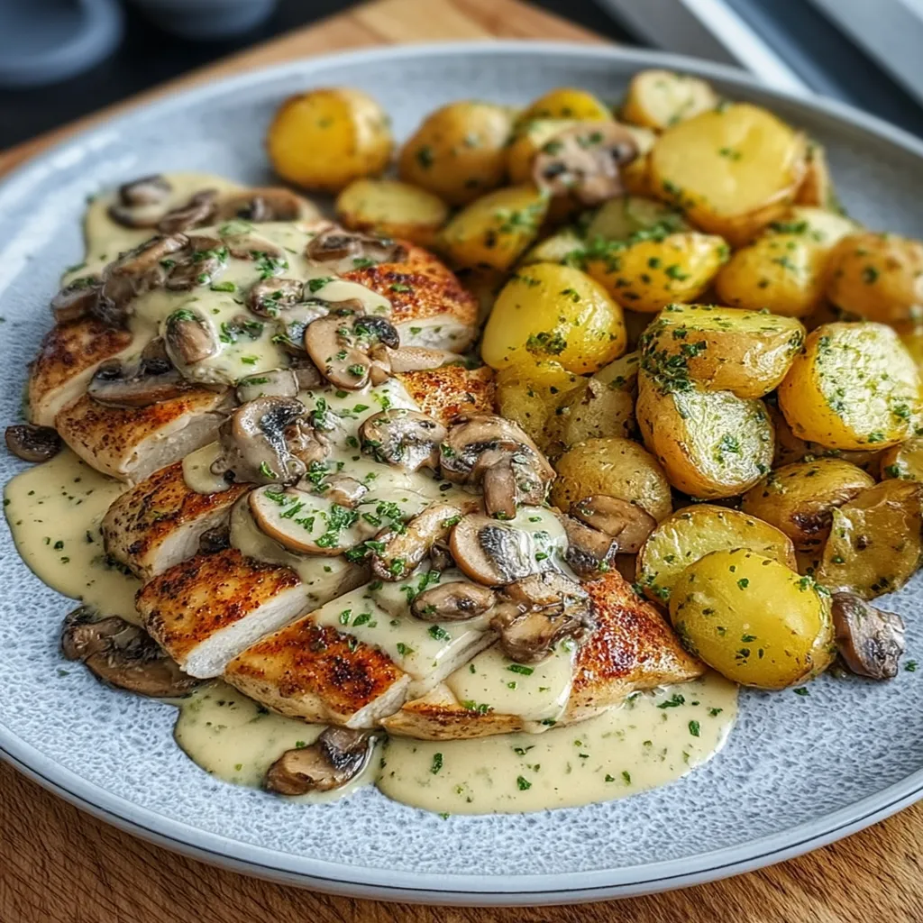 Creamy Garlic Mushroom Alfredo Chicken & Potatoes with Basil Pesto