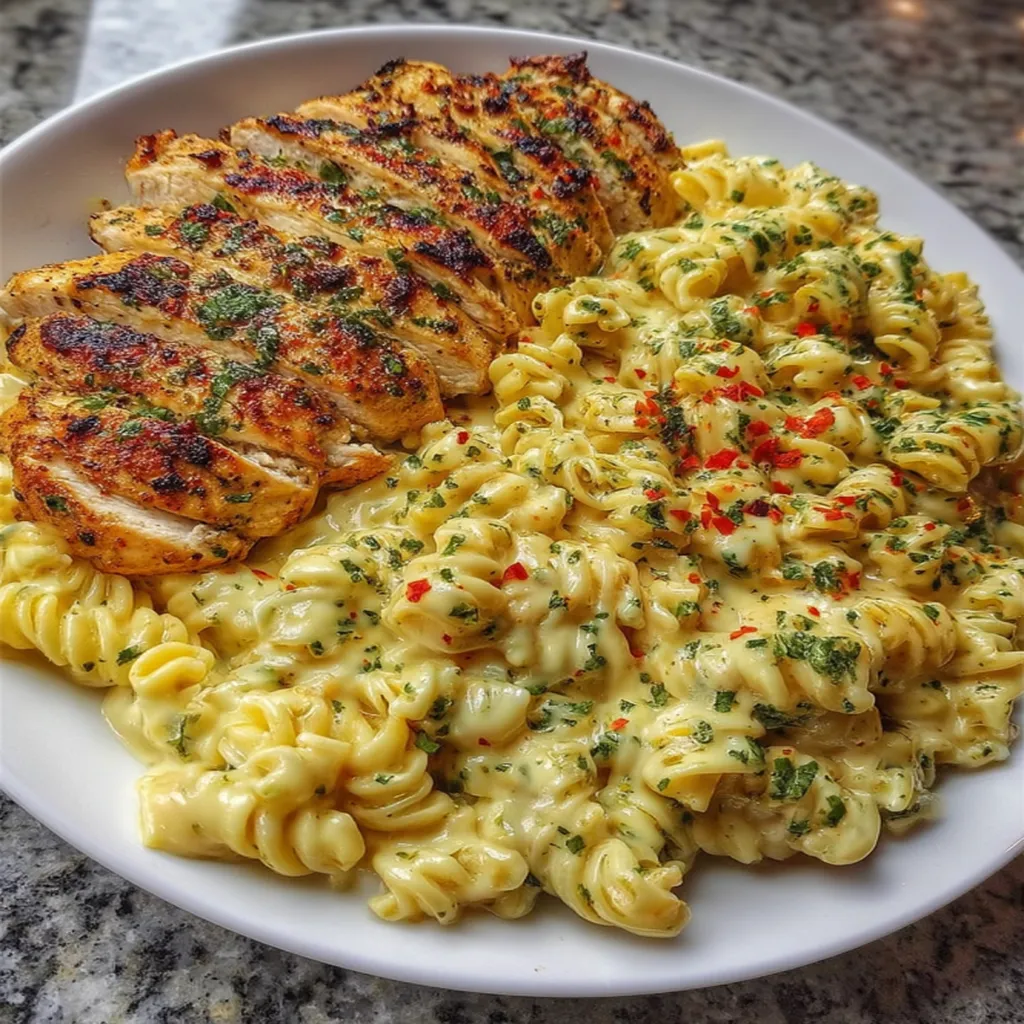 Creamy Garlic Parmesan Chicken with Cheesy Twisted Pasta