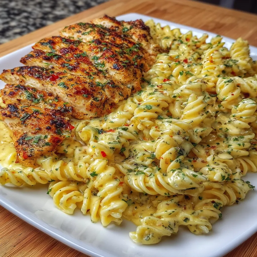 Creamy Garlic Parmesan Chicken with Cheesy Twisted Pasta