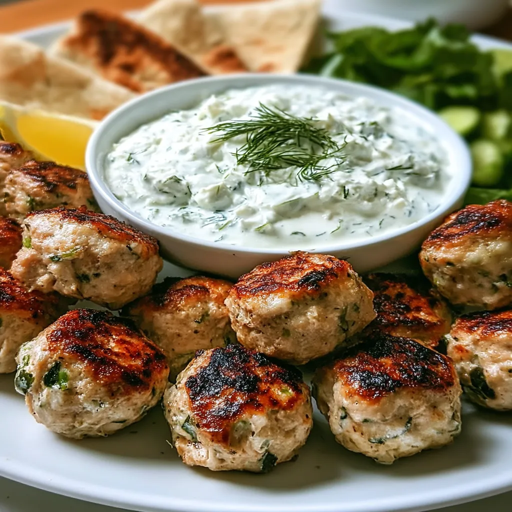 Feta-Stuffed Greek Chicken Meatballs with Roasted Garlic Tzatziki