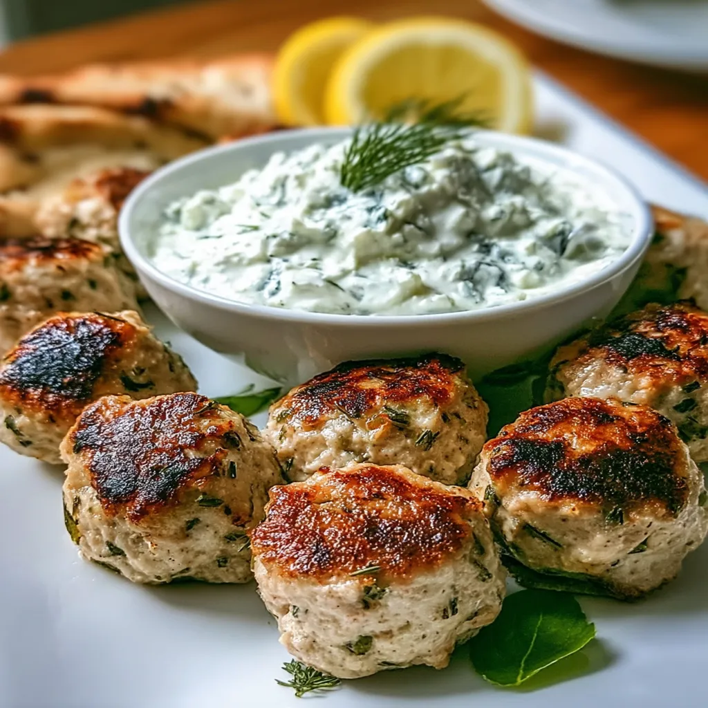 Feta-Stuffed Greek Chicken Meatballs with Roasted Garlic Tzatziki Feta-Stuffed Greek Chicken Meatballs with Roasted Garlic Tzatziki