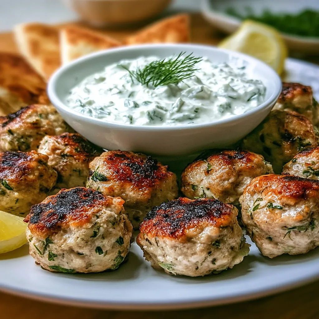 Feta-Stuffed Greek Chicken Meatballs with Roasted Garlic Tzatziki Feta-Stuffed Greek Chicken Meatballs with Roasted Garlic Tzatziki