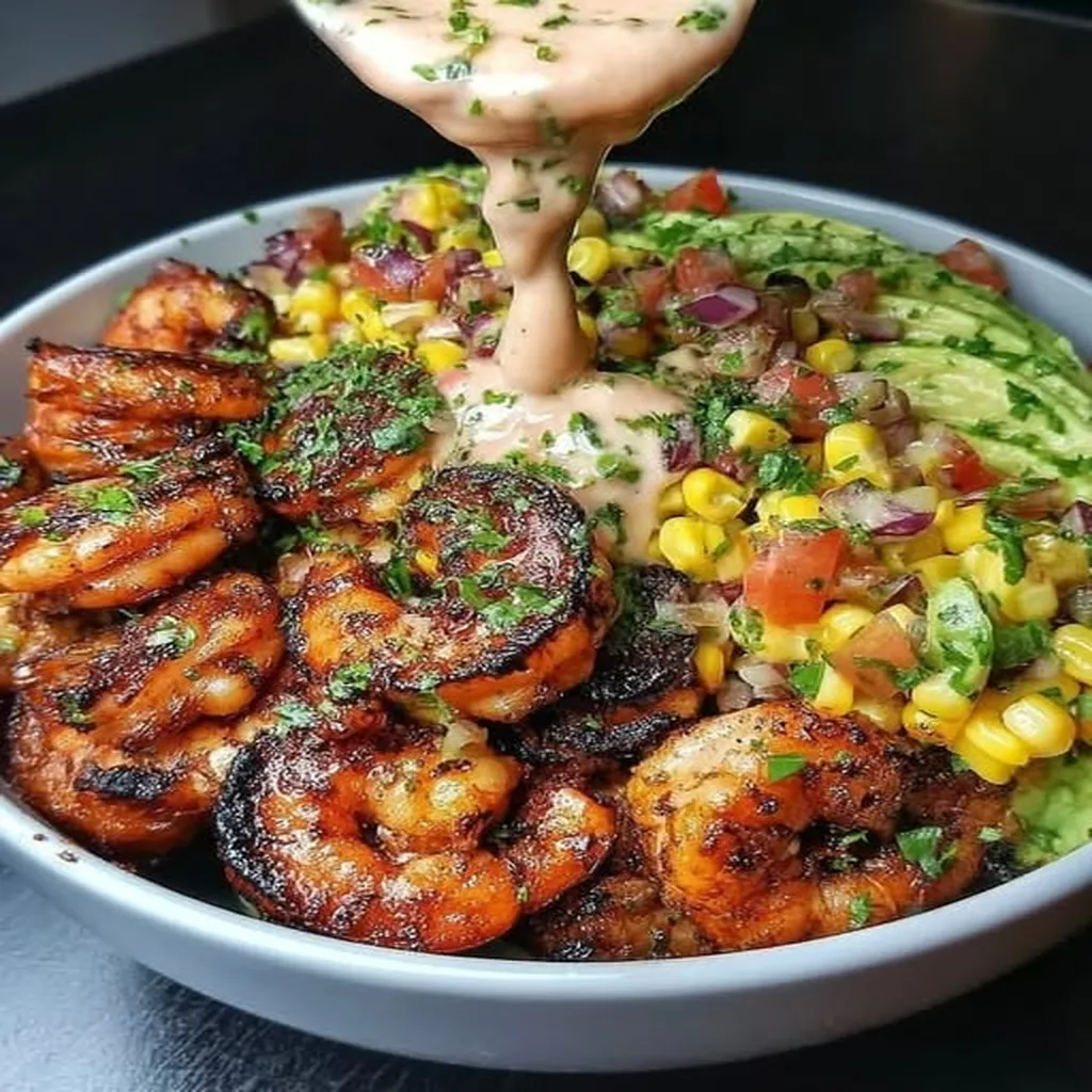 Grilled Shrimp Bowl with Avocado, Corn Salsa & Creamy Sauce
 recipe step-by-step guide