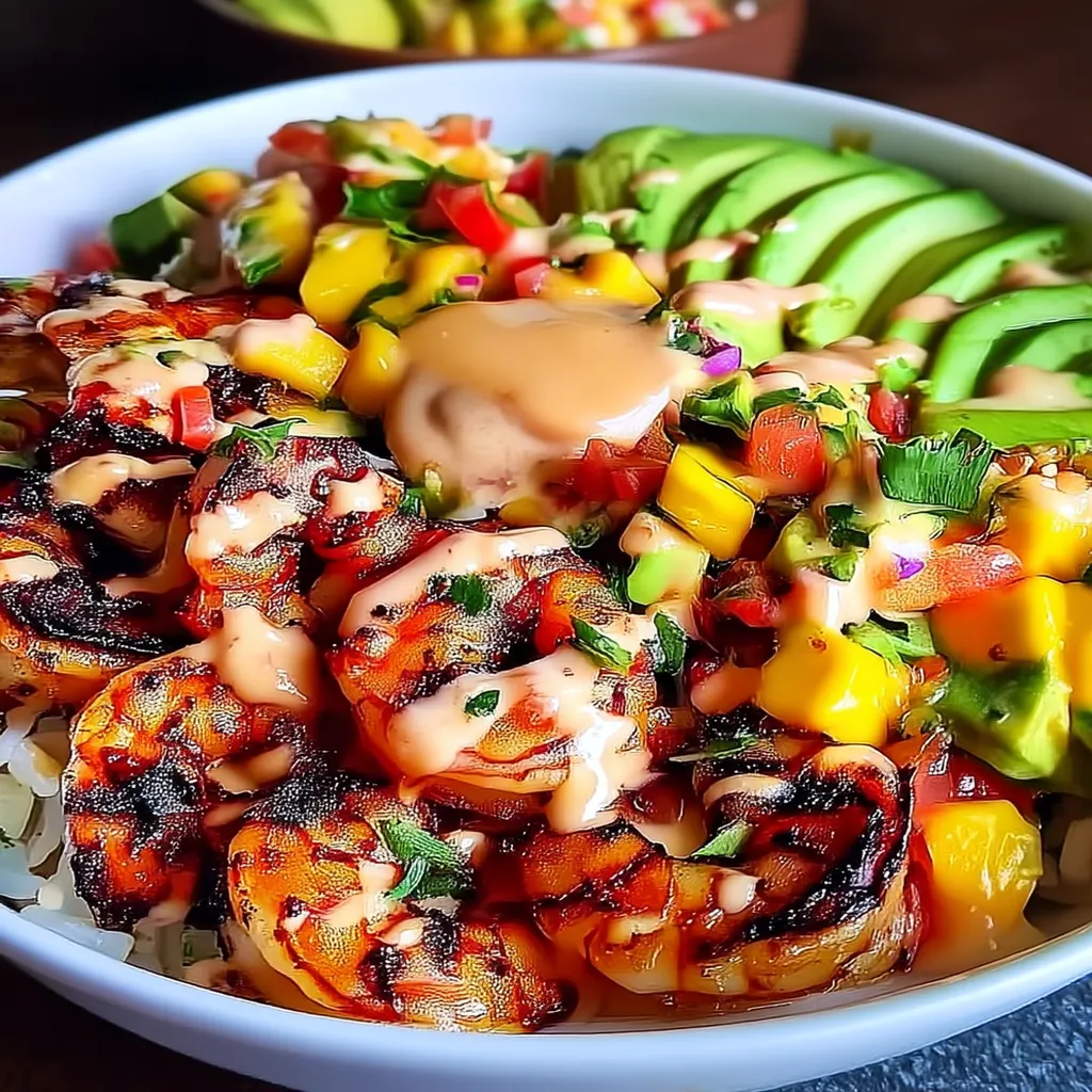 Mediterranean Shrimp & Avocado Bowls with Mango-Cucumber Salsa & Lemon Herb Sauce