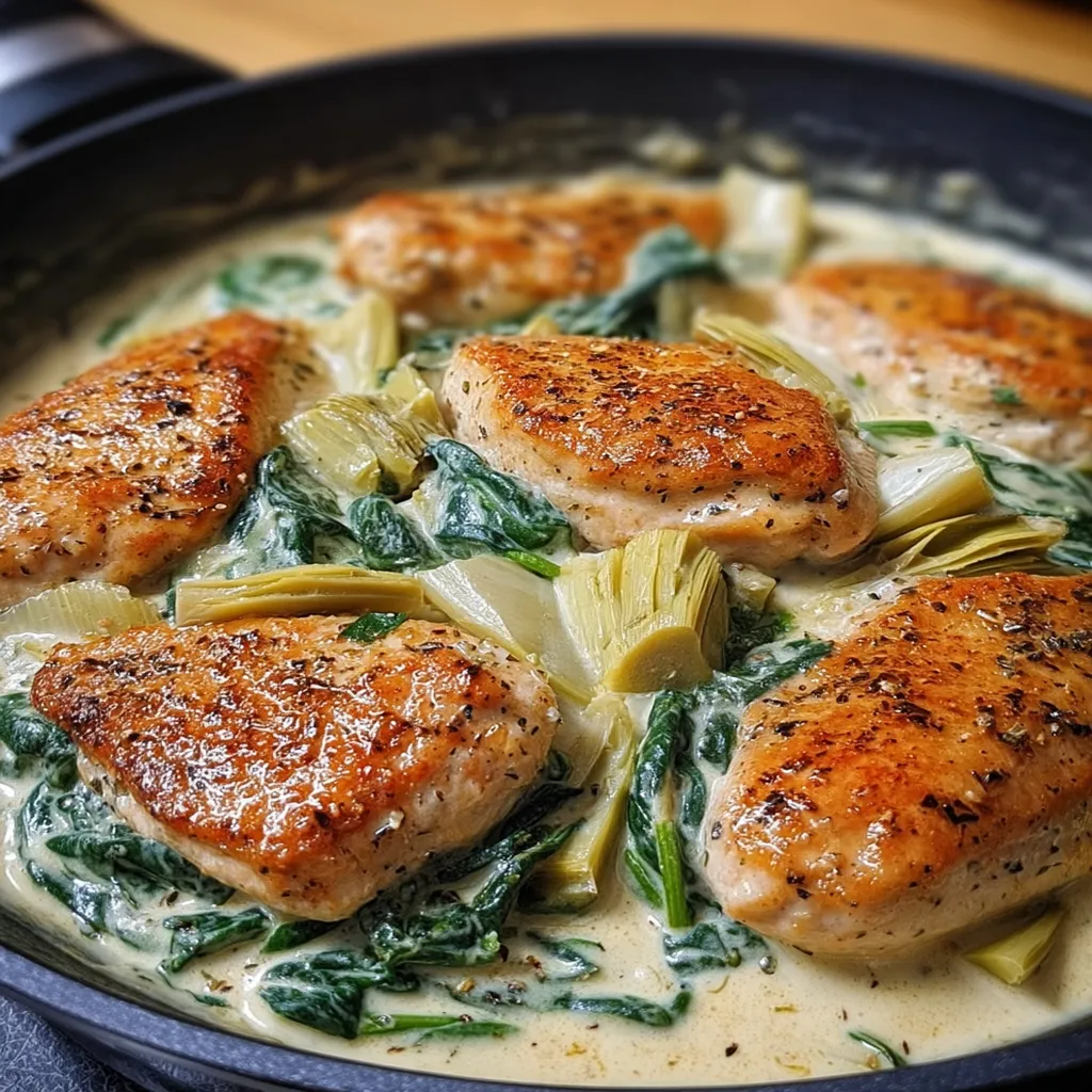 One Pan Creamy Spinach Artichoke Chicken