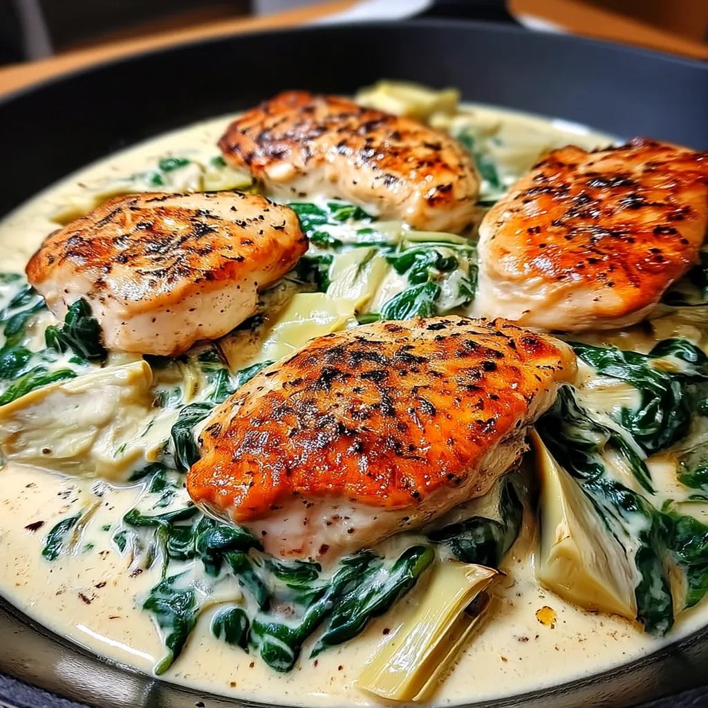 One Pan Creamy Spinach Artichoke Chicken