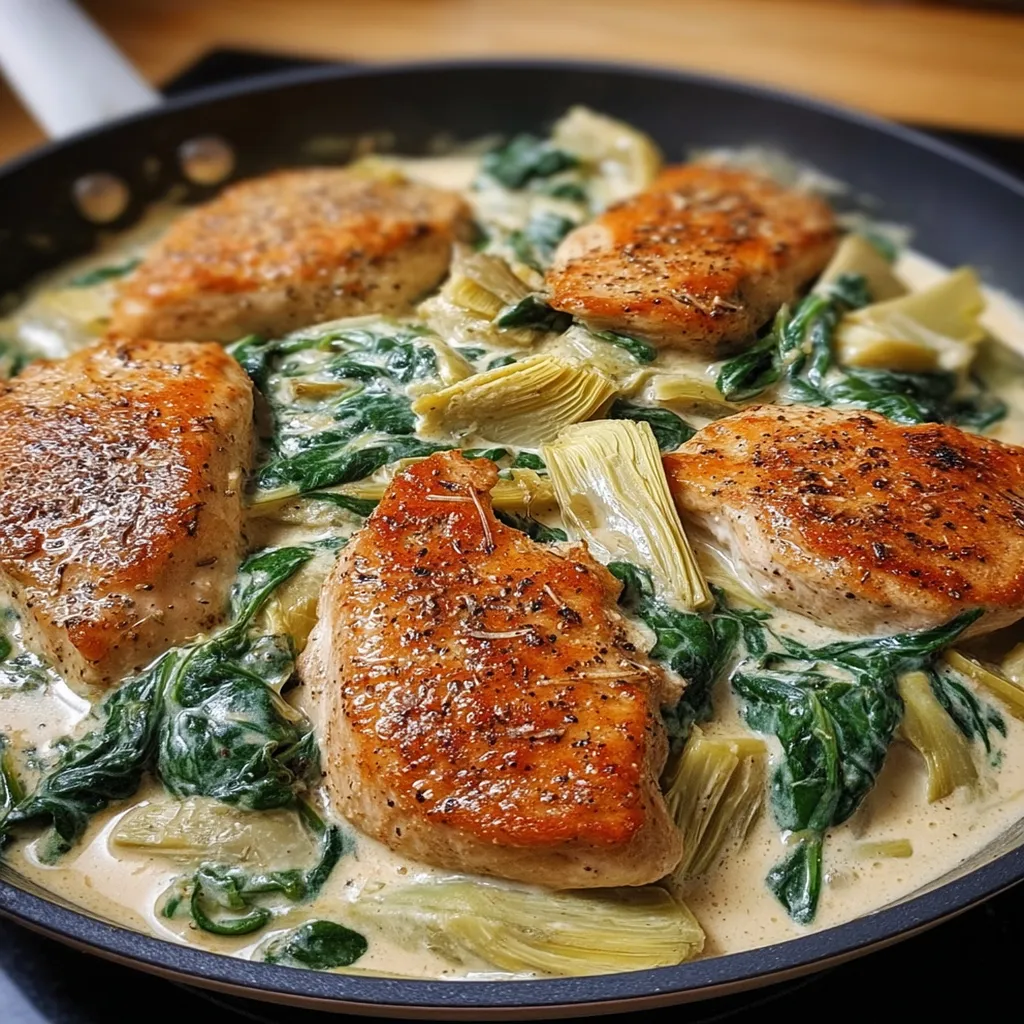 One Pan Creamy Spinach Artichoke Chicken