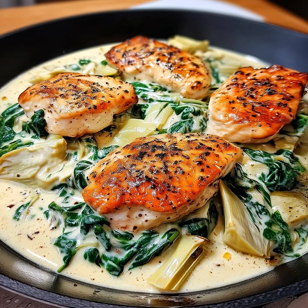 One Pan Creamy Spinach Artichoke Chicken