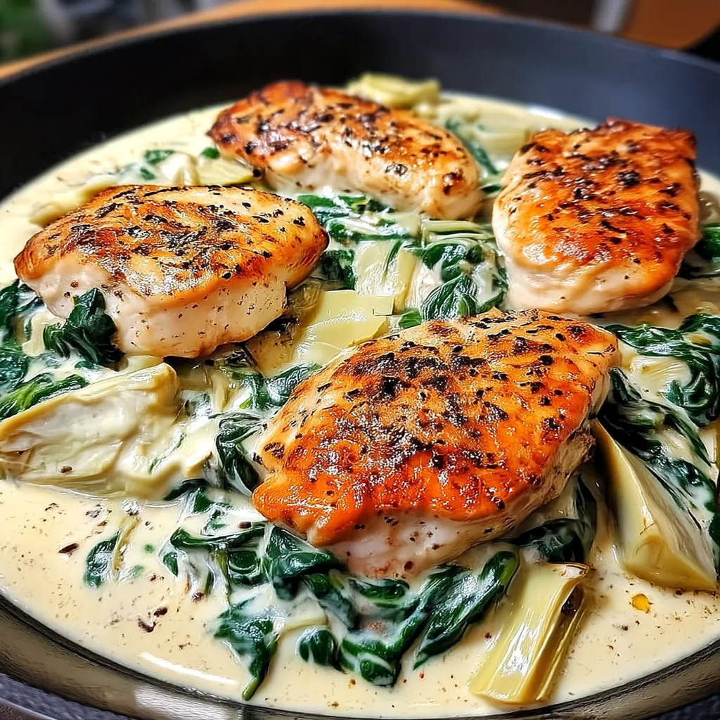 One Pan Creamy Spinach Artichoke Chicken