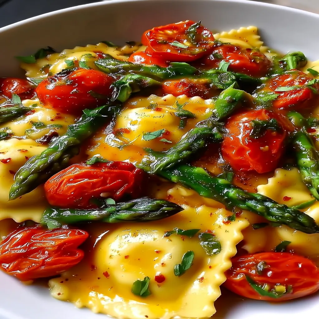 Ravioli with Tomatoes, Asparagus, Garlic, and Herb