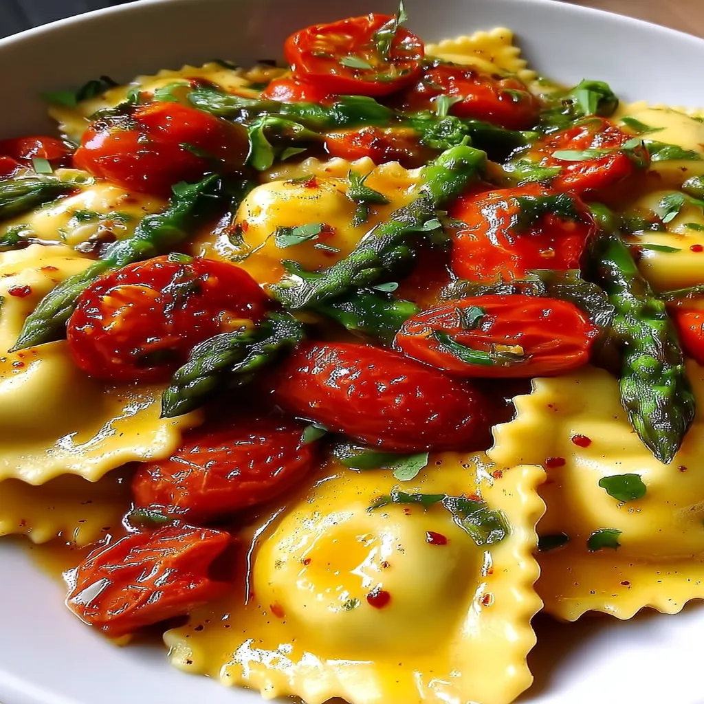 Ravioli with Tomatoes, Asparagus, Garlic, and Herb