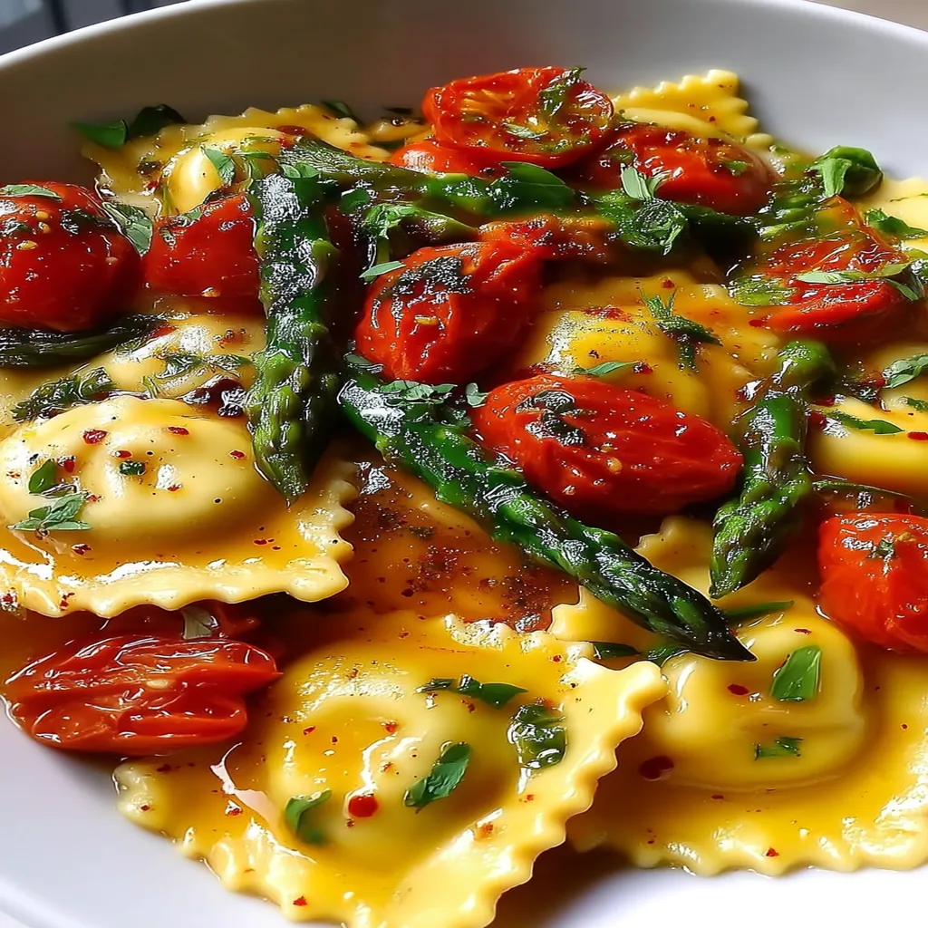 Ravioli with Tomatoes, Asparagus, Garlic, and Herb