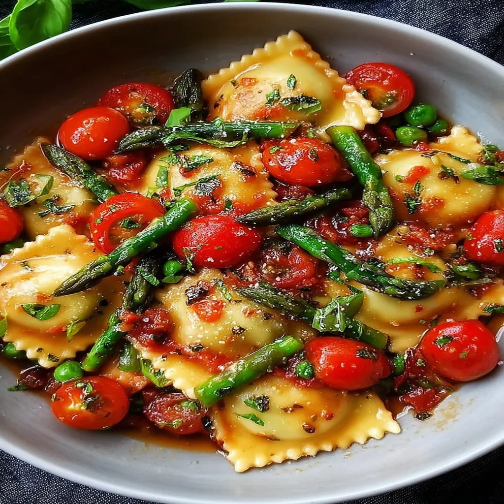Ravioli with Tomatoes, Asparagus, Garlic, and Herbs