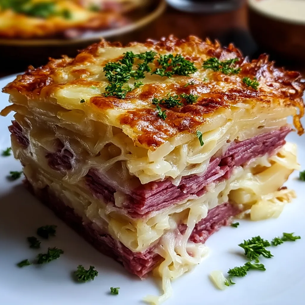 Reuben Bake with Layers of Corned Beef, Sauerkraut, and Swiss Cheese