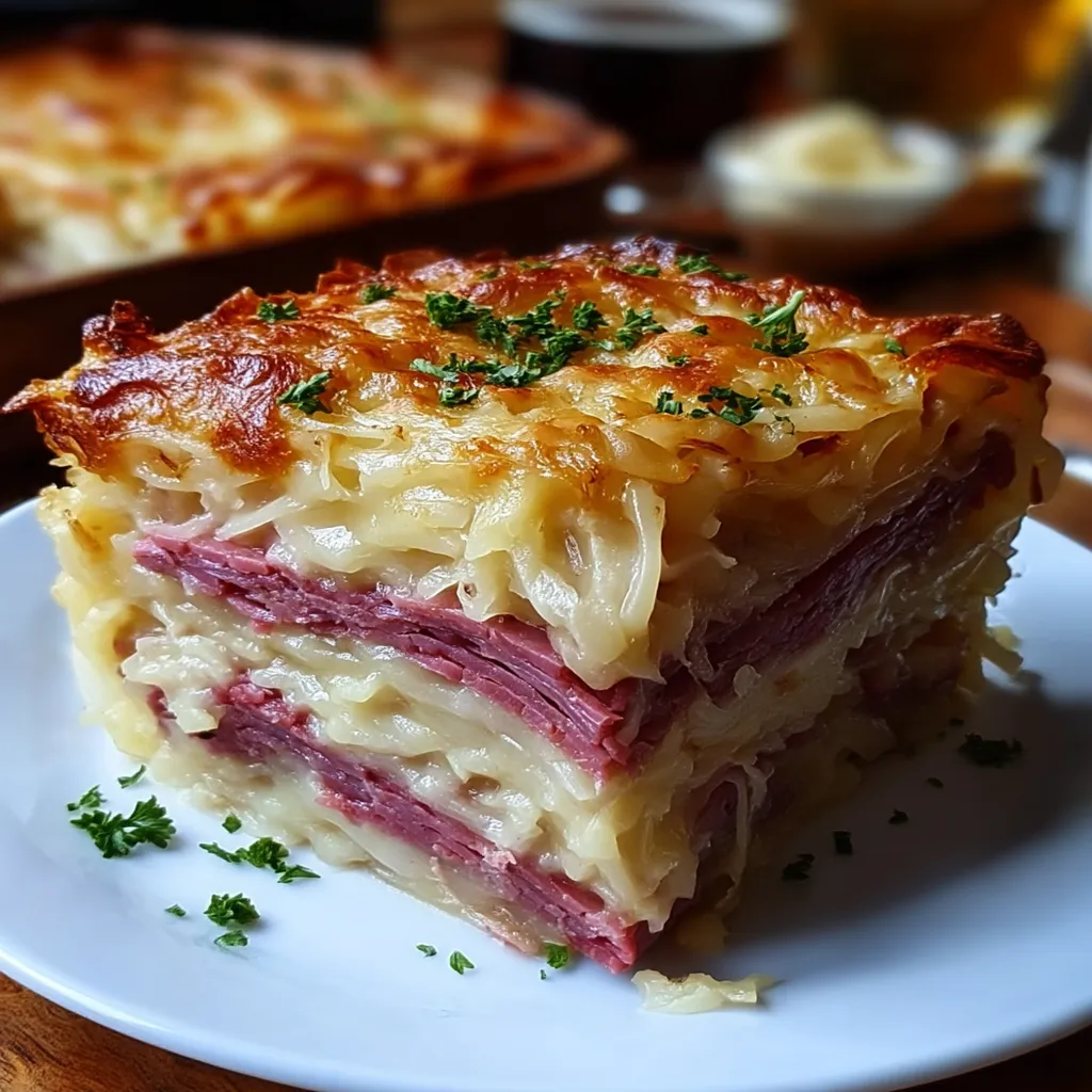 Reuben Bake with Layers of Corned Beef, Sauerkraut, and Swiss Cheese