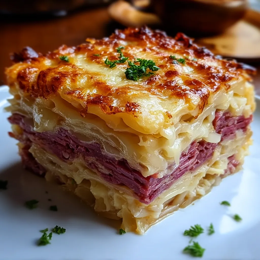 Reuben Bake with Layers of Corned Beef, Sauerkraut, and Swiss Cheese