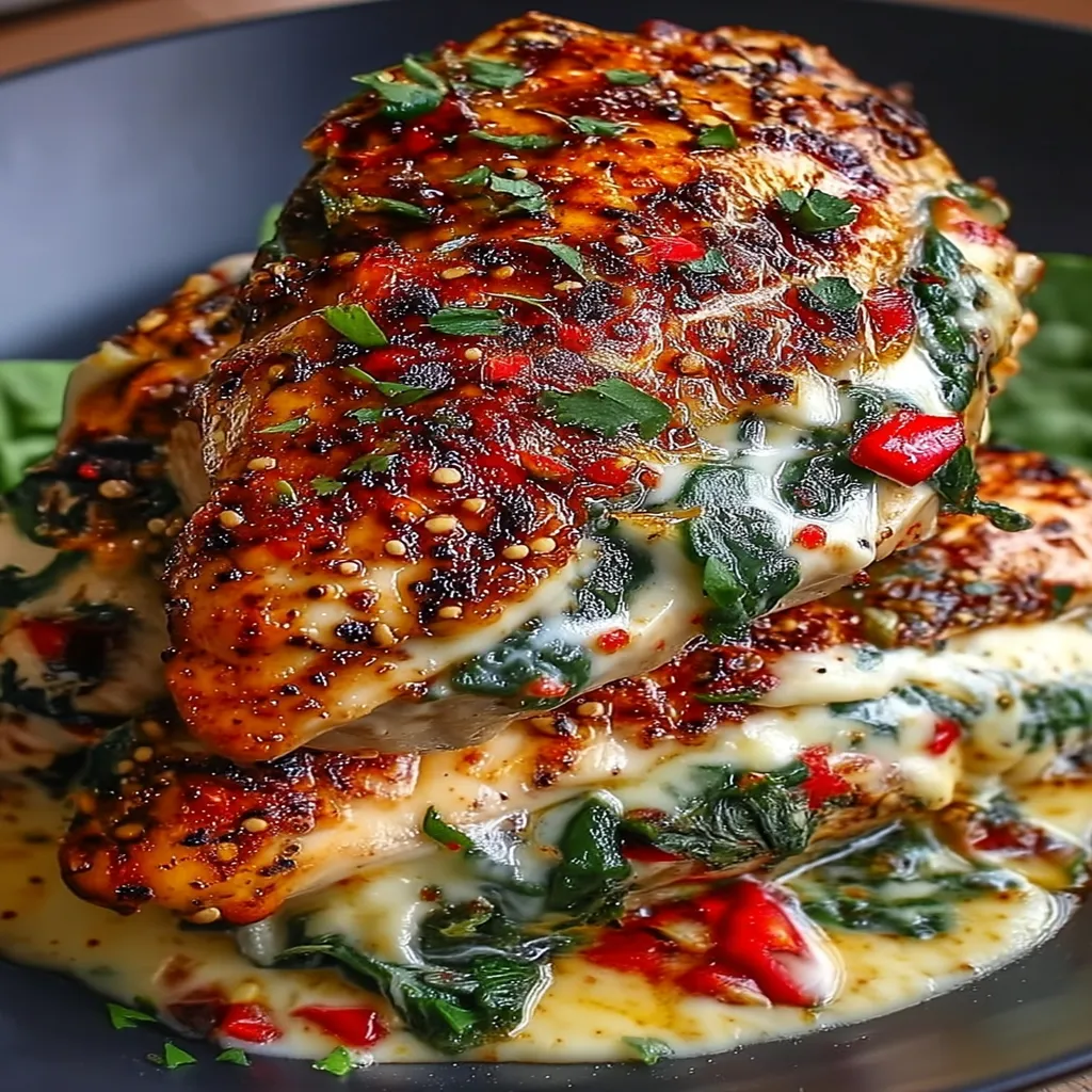 Roasted Red Pepper, Spinach, and Mozzarella Stuffed Chicken
