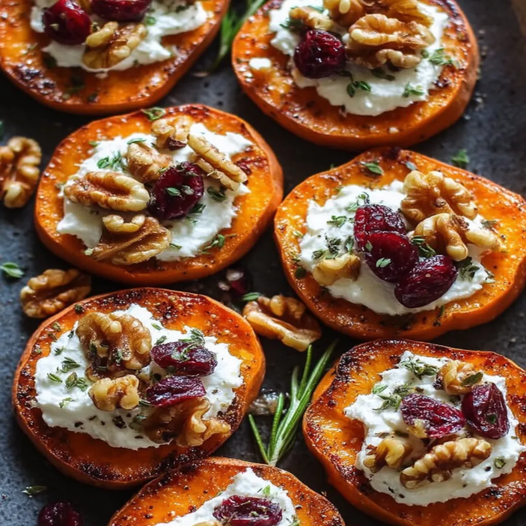 Roasted Sweet Potato Rounds with Herbed Ricotta, Walnuts, and Cranberries