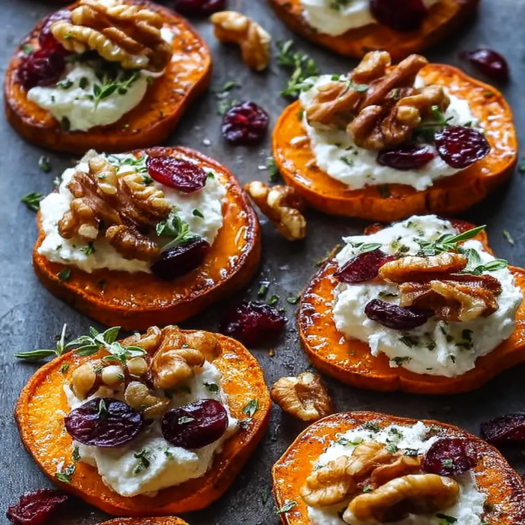 Roasted Sweet Potato Rounds with Herbed Ricotta, Walnuts, and Cranberries