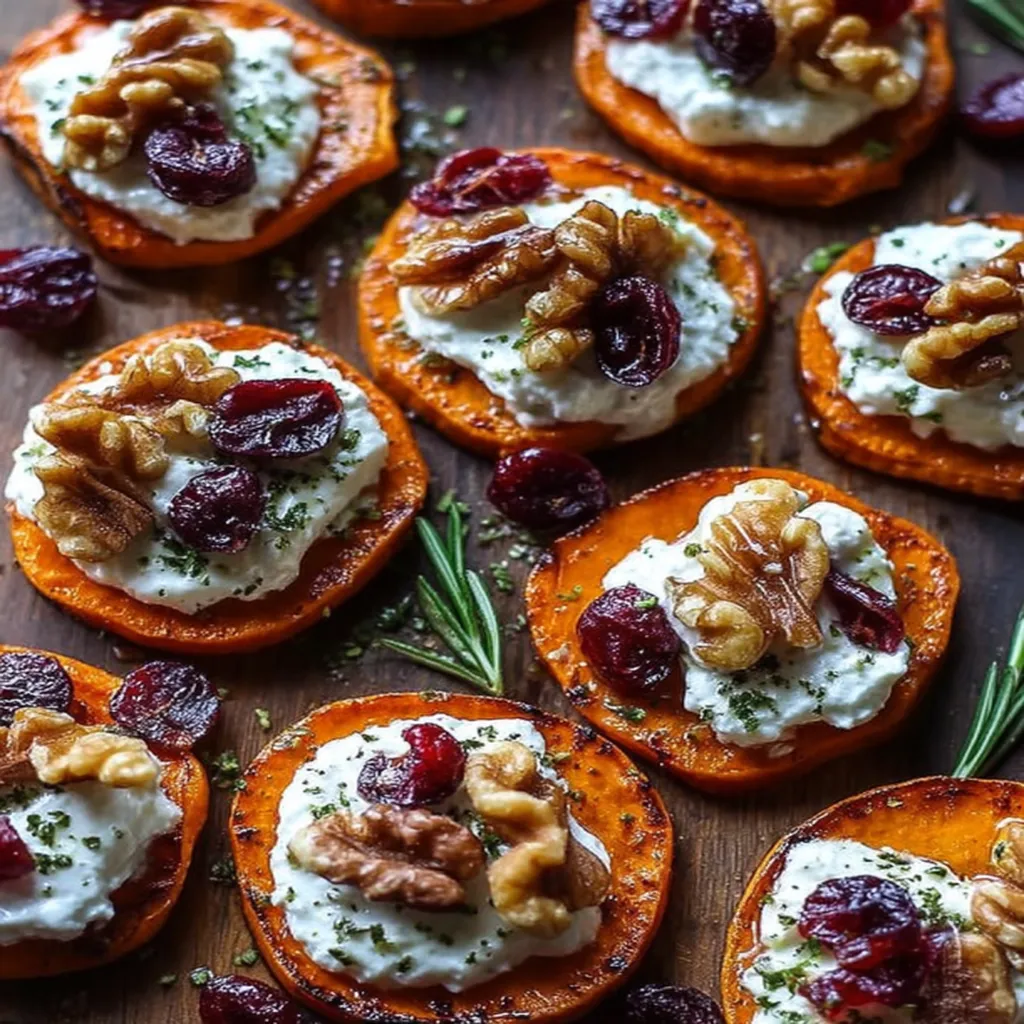 Roasted Sweet Potato Rounds with Herbed Ricotta, Walnuts, and Cranberries