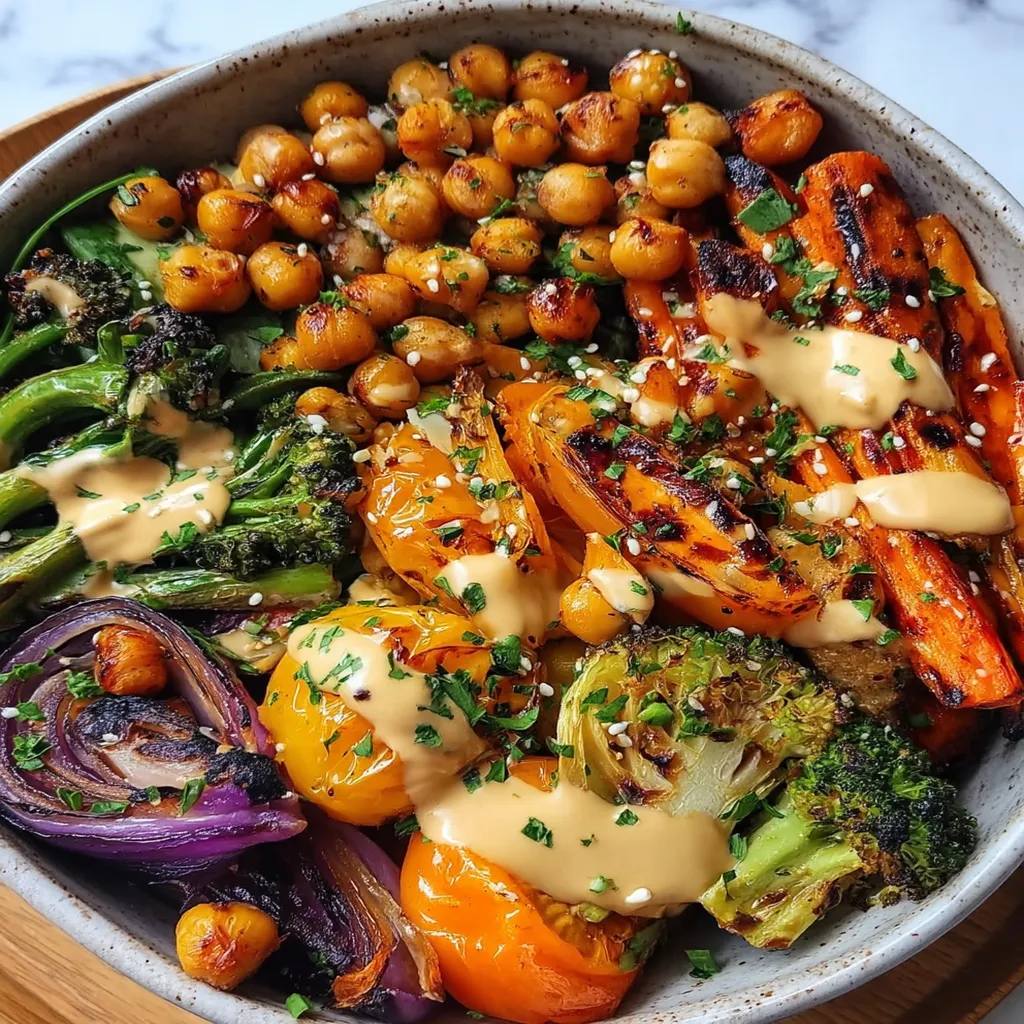Roasted Veggie & Chickpea Bowls with Maple Dijon Tahini Dressing