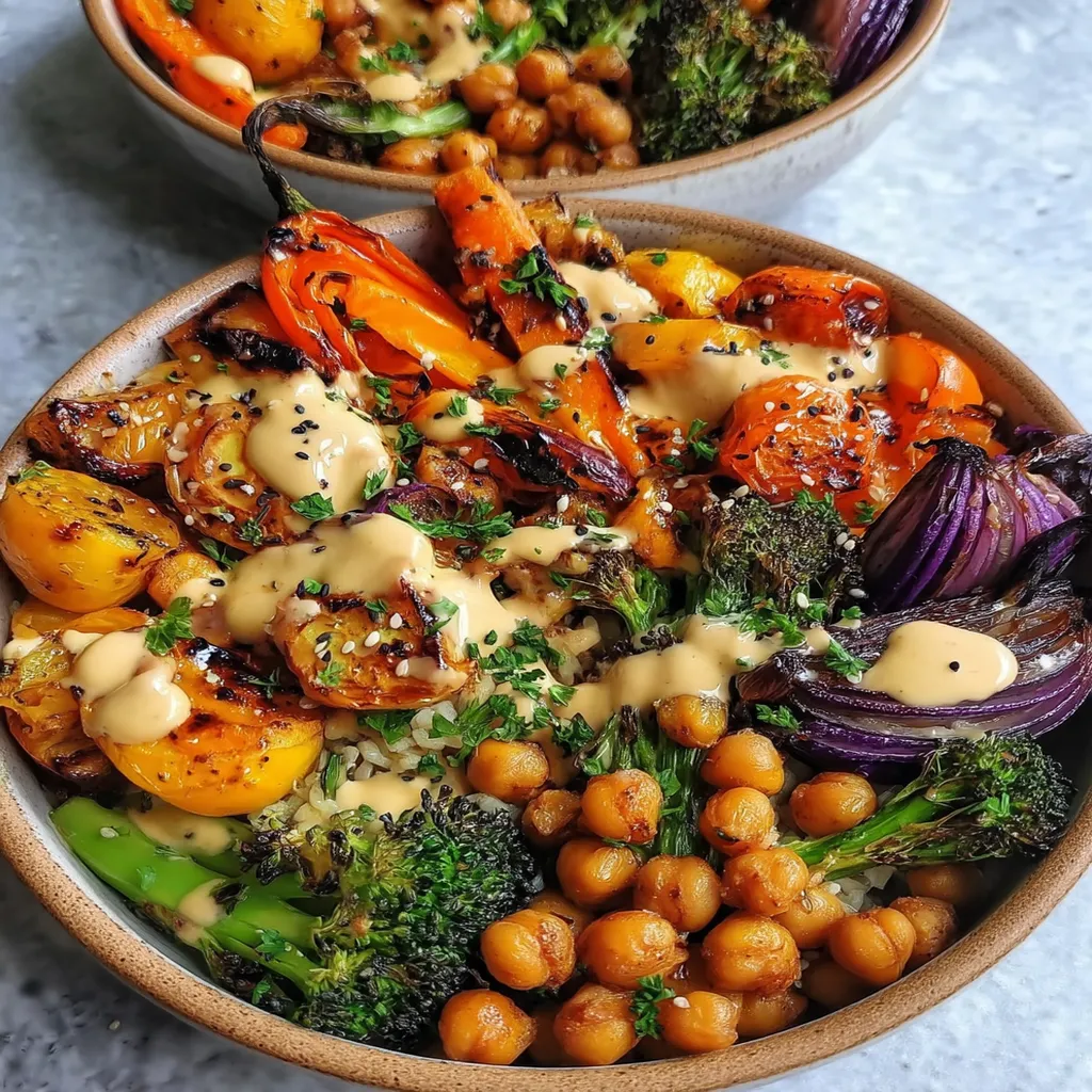 Roasted Veggie & Chickpea Bowls with Maple Dijon Tahini Dressing