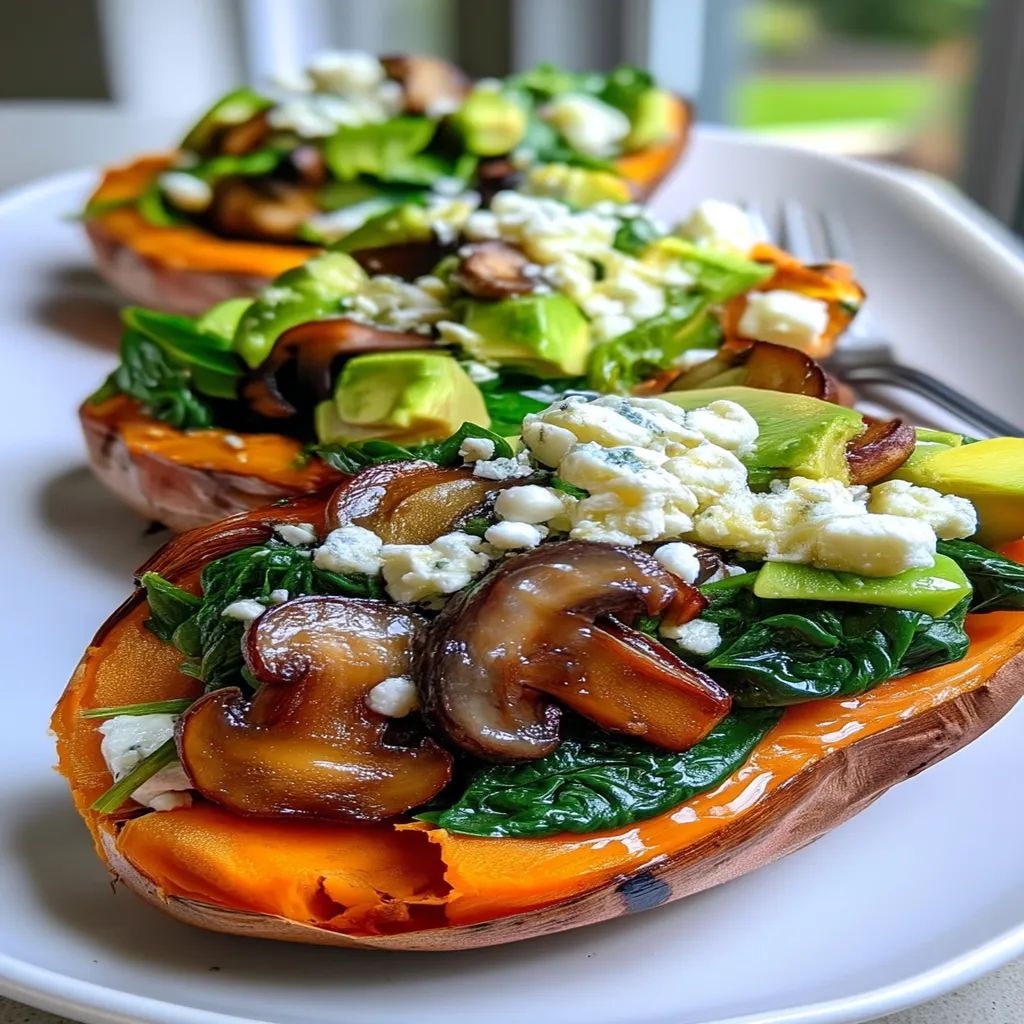 SWEET POTATO BOATS FILLED WITH SPINACH, MUSHROOM & FETA TOPPED WITH CREAMY AVOCADO DRESSING