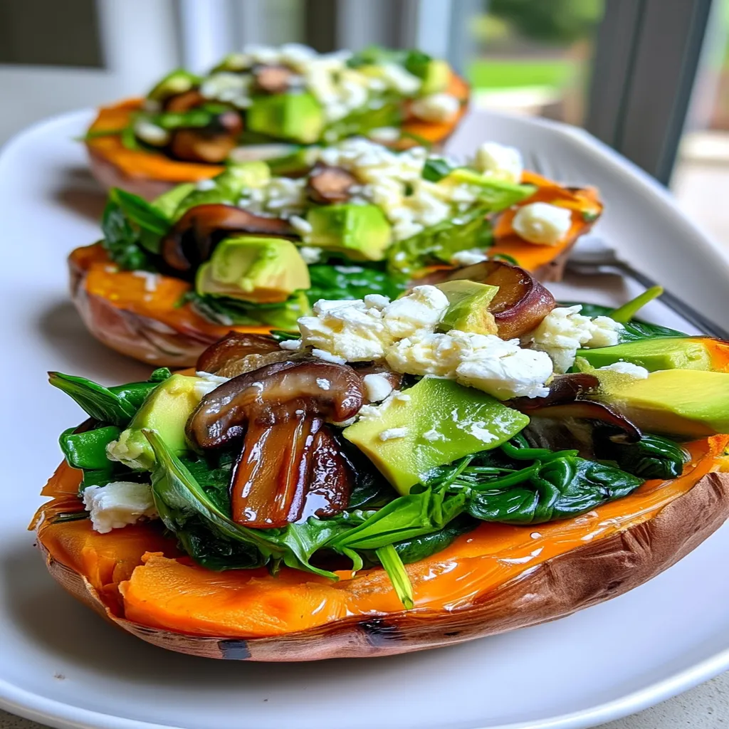 SWEET POTATO BOATS FILLED WITH SPINACH, MUSHROOM & FETA TOPPED WITH CREAMY AVOCADO DRESSING