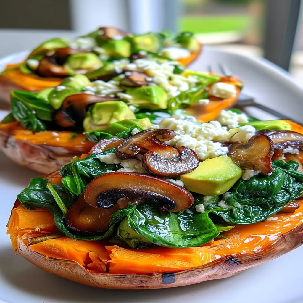SWEET POTATO BOATS FILLED WITH SPINACH, MUSHROOM & FETA TOPPED WITH CREAMY AVOCADO DRESSING