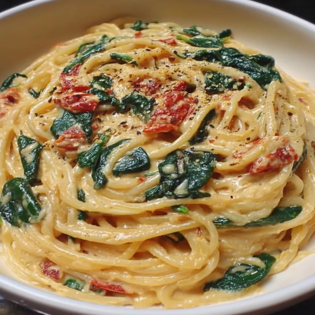 Spaghetti & Spinach with Sun-Dried Tomato Cream Sauce
