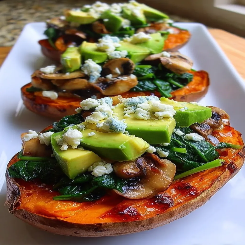 Stuffed Sweet Potatoes Spinach, Avocado, Mushroom & Feta