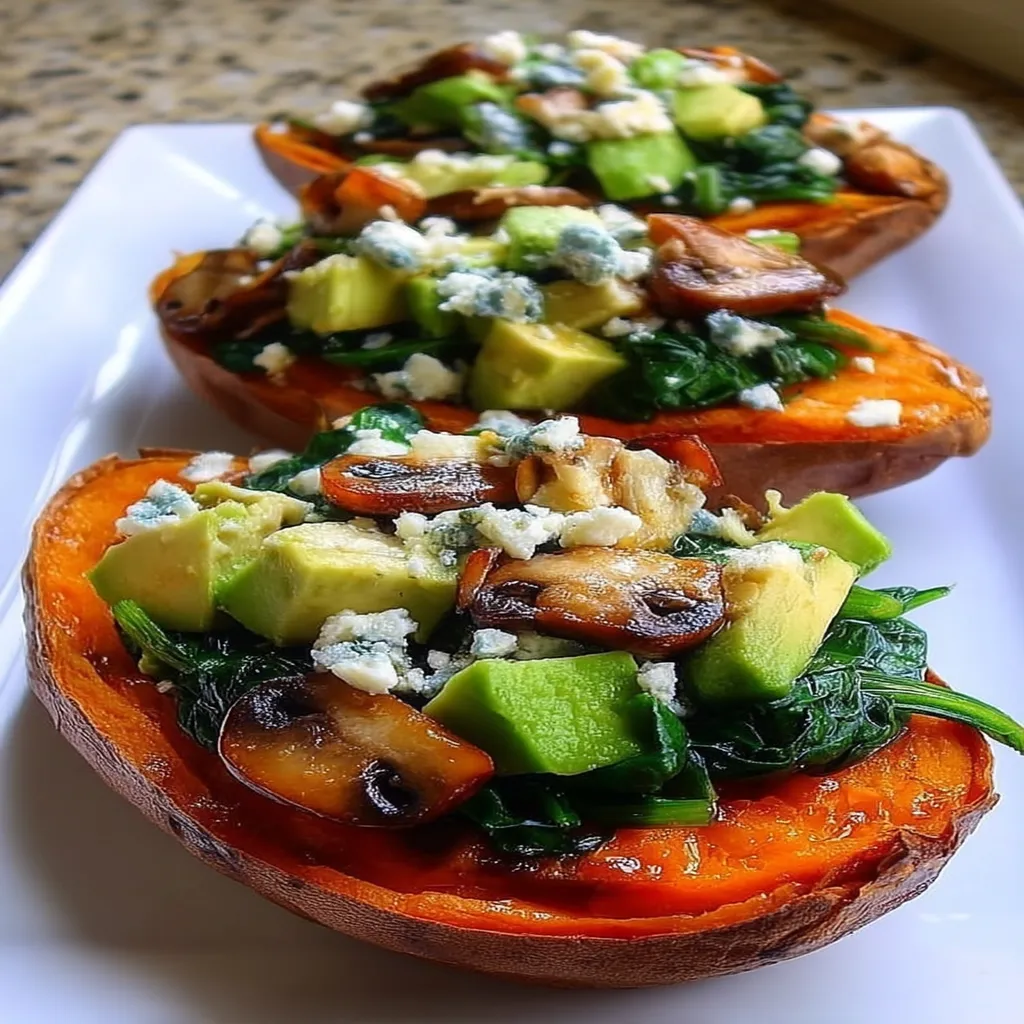 Stuffed Sweet Potatoes Spinach, Avocado, Mushroom & Feta recipe step-by-step guide
