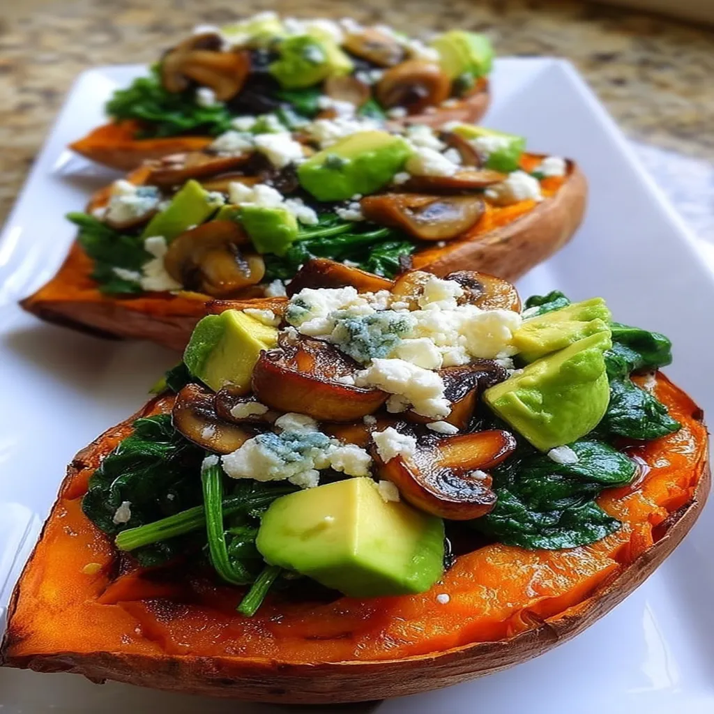 Stuffed Sweet Potatoes Spinach, Avocado, Mushroom & Feta recipe step-by-step guide
