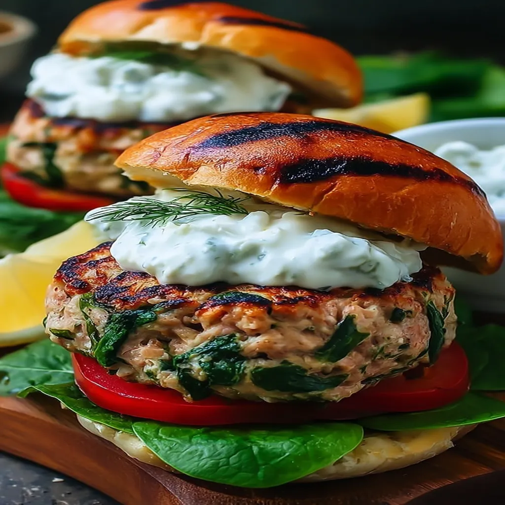 Sun-Dried Tomato and Feta Spinach Burgers with Tzatziki Sauce