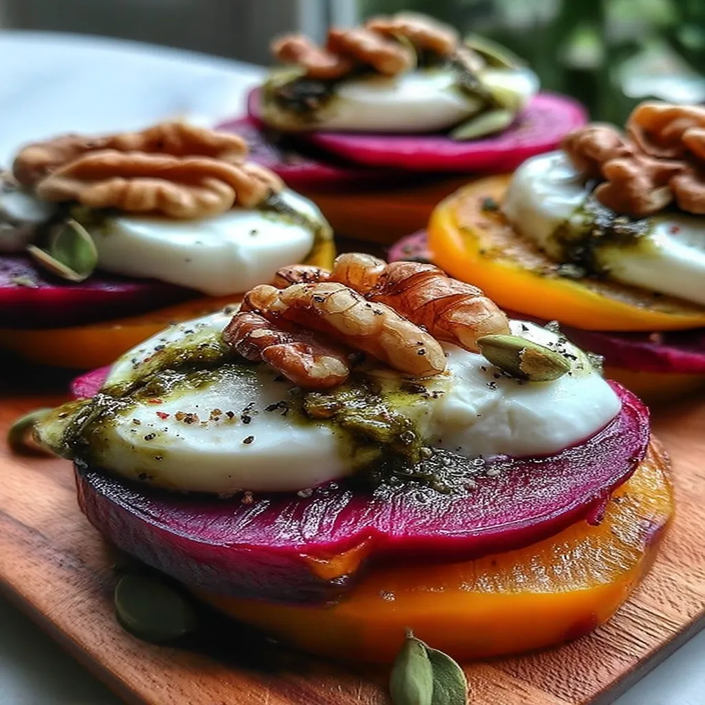 Sweet Potato & Beet Stacks with Pesto, Burrata & Walnuts