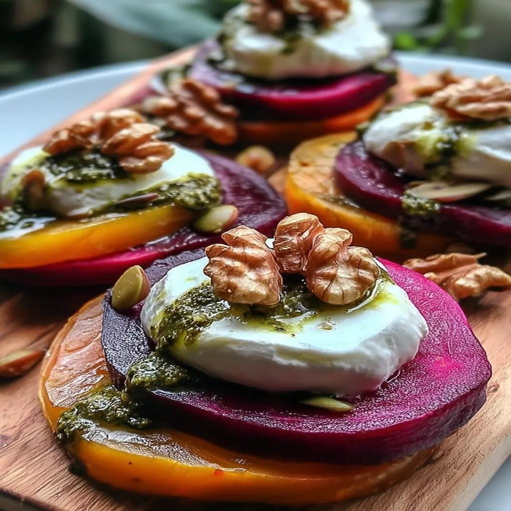Sweet Potato & Beet Stacks with Pesto, Burrata & Walnuts recipe step-by-step guide