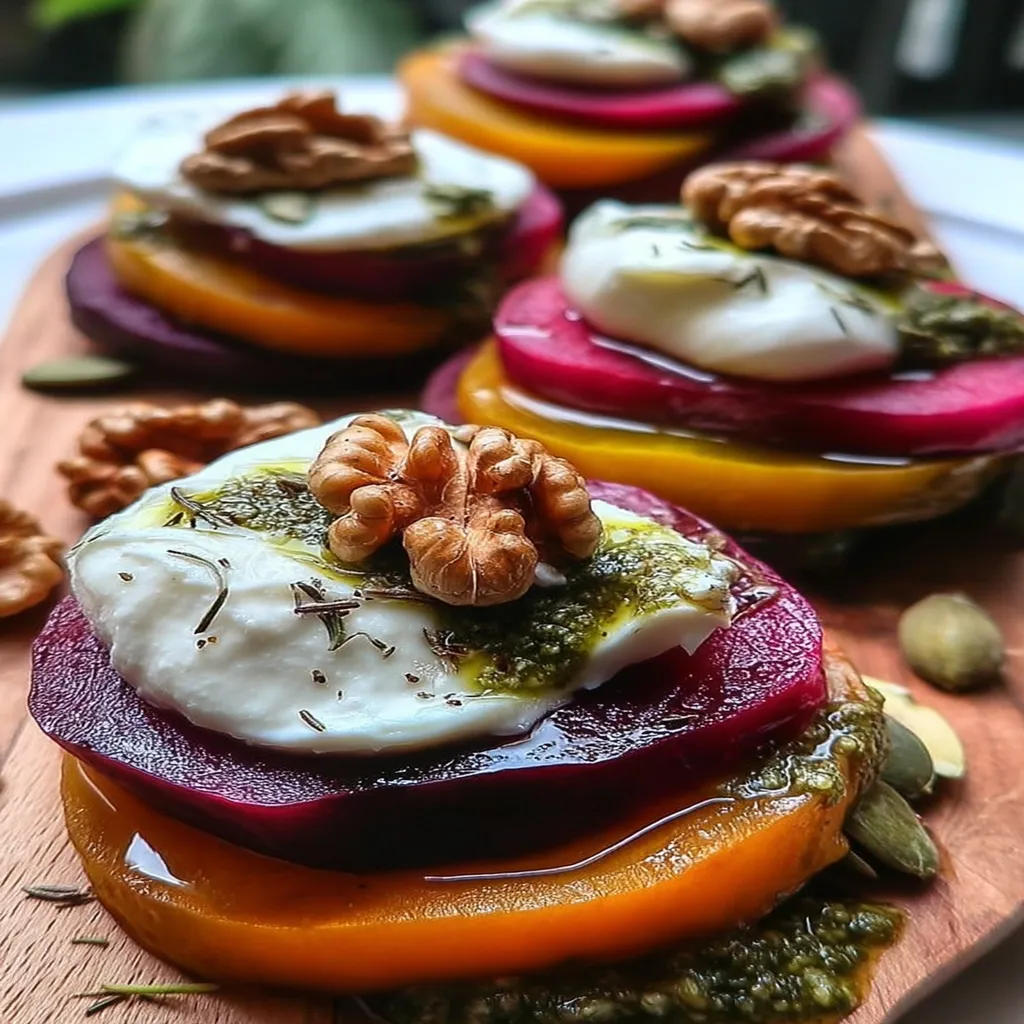 Sweet Potato & Beet Stacks with Pesto, Burrata & Walnuts recipe step-by-step guide