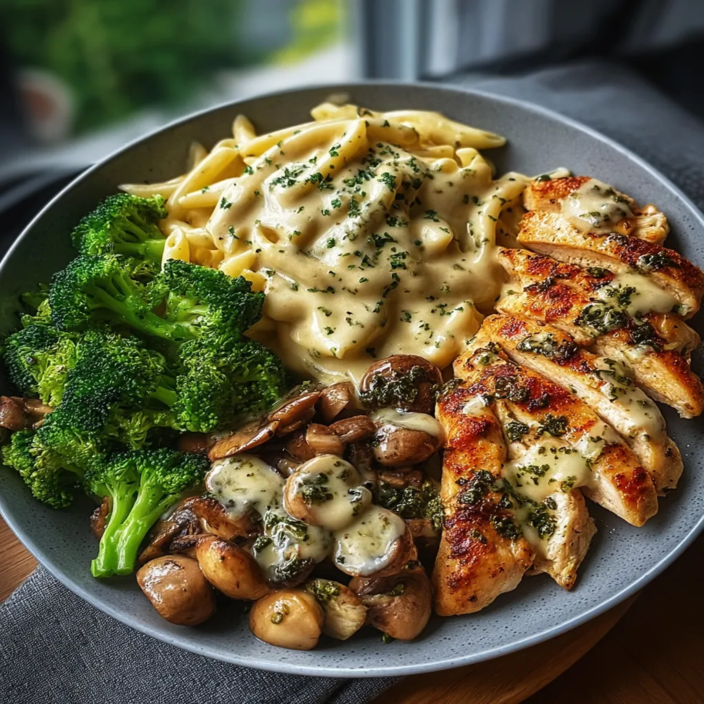Tuscan Garlic Chicken Alfredo with Cheesy Broccoli & Roasted Red Pepper Mushroom Pesto