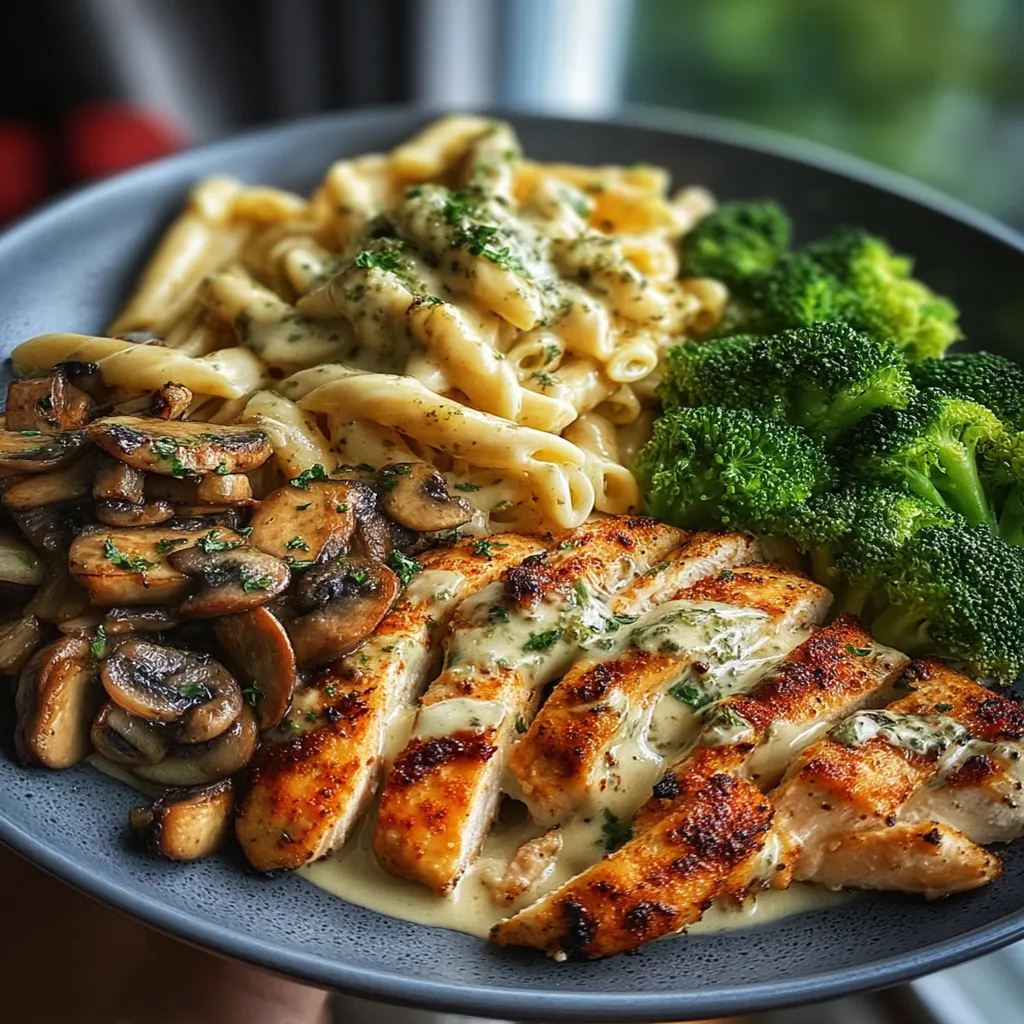 Tuscan Garlic Chicken Alfredo with Cheesy Broccoli & Roasted Red Pepper Mushroom Pesto