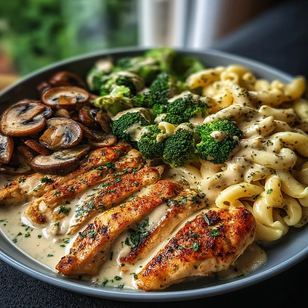 Tuscan Garlic Chicken Alfredo with Cheesy Broccoli & Roasted Red Pepper Mushroom Pesto