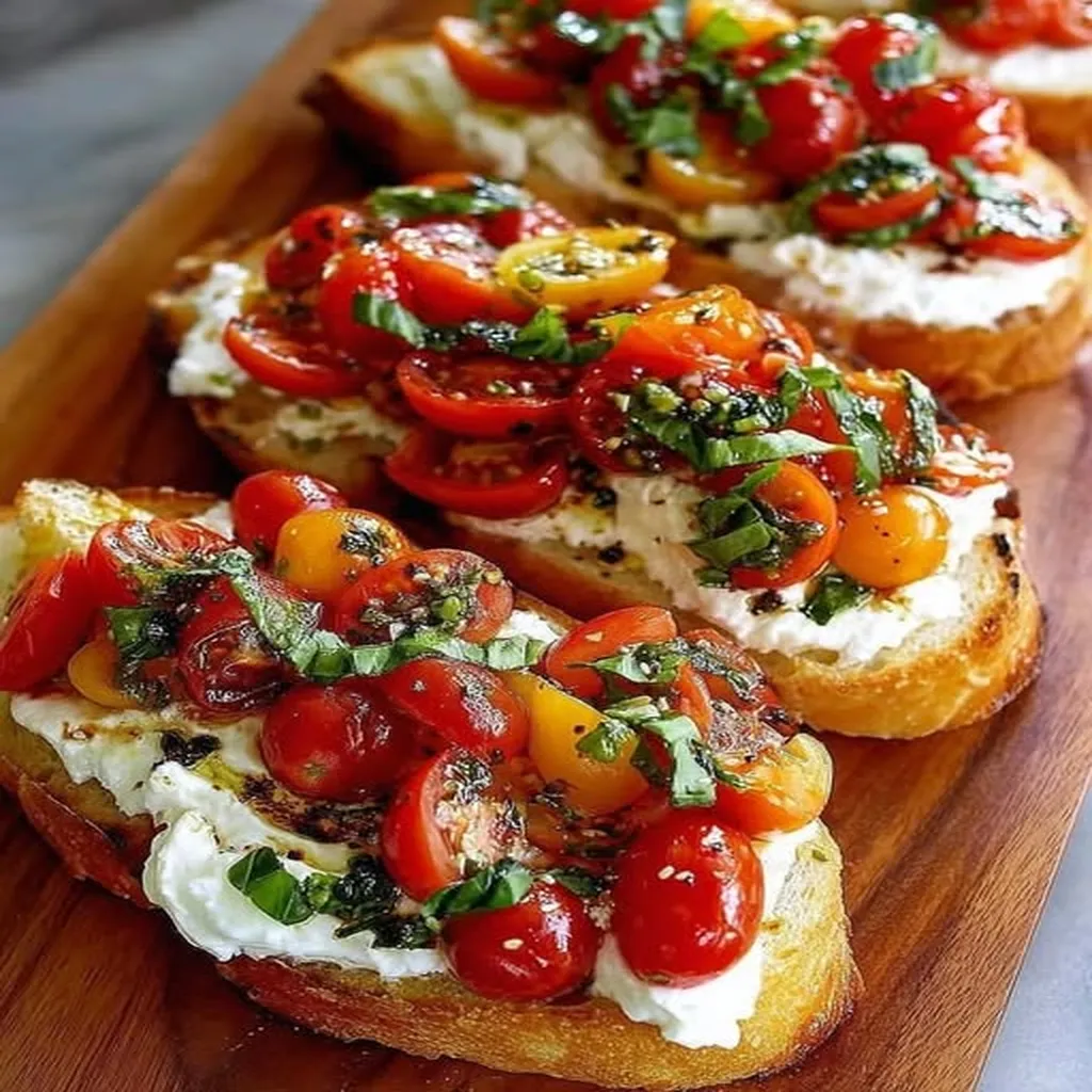 burrata bruschetta, creamy cheese, fresh tomatoes, crunchy bread, savory appetizer